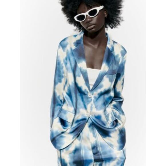 Zara Oversized Satin Effect Blue & Beige Watercolor Tie Die Blazer Jacket Small - Picture 2 of 11